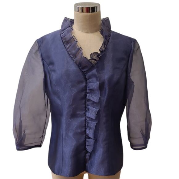 Alex Evenings Sheer Sleeve Shimmery Ruffle V-Neck Top Blouse Sz M Purple Dressy - Picture 1 of 11